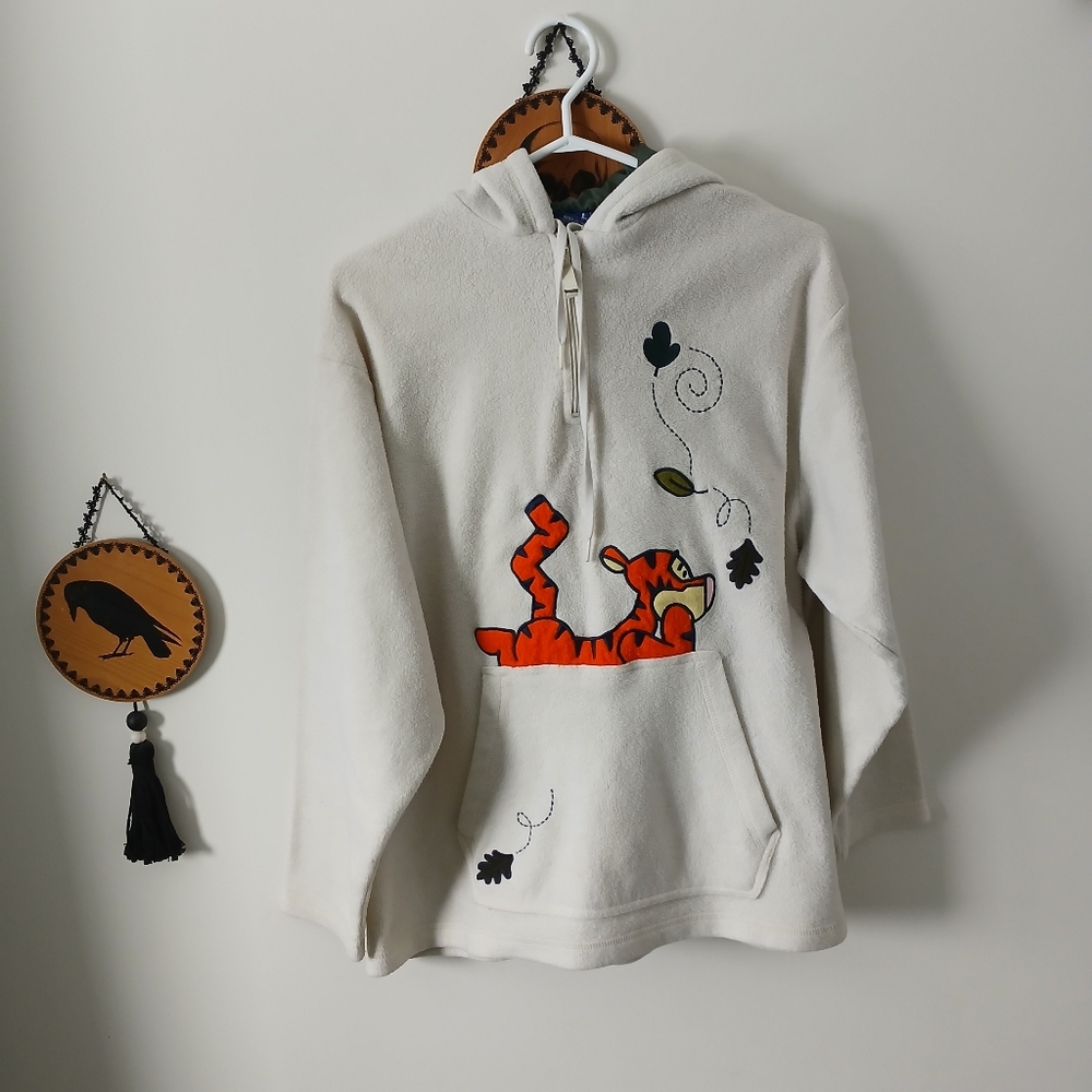 Vintage Disney Winnie The Pooh Tigger 3/4 Zip Pullover Fleece Hooded Sweater
